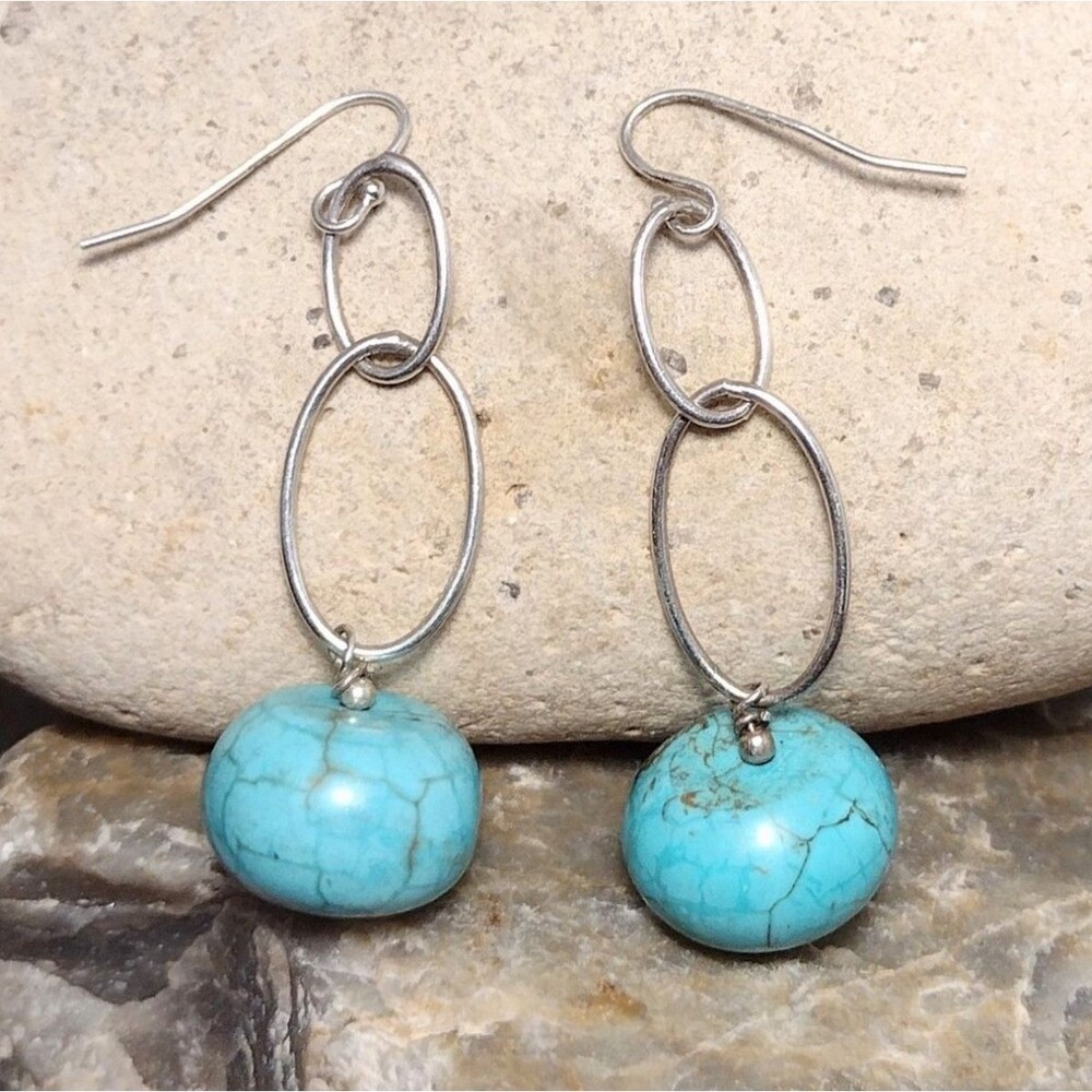 Vintage Turquoise Stone Sterling Silver .925 Link Drop Dangle Earrings